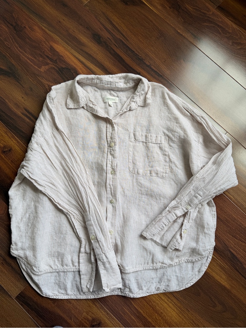 Haven Well Within 100% Linen Button Down Long Sleeve Striped Shirt M